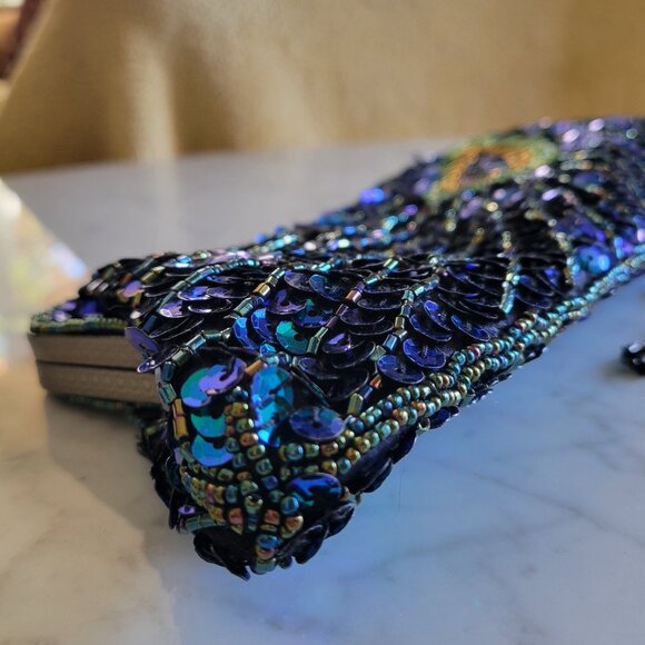 mg Collection Green & Blue Beaded and Sequined Peacock Evening Clutch - Picture 9 of 11